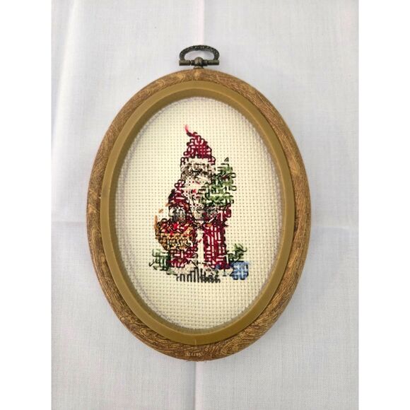 Vintage Cross-stitched and Framed Santa Wall Hanging Piece - Picture 2 of 4